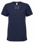 The NN300 navy blue V-neck scrub top from Onna by Premier features short sleeves and a convenient chest pocket. The inside label provides care instructions.