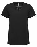 The NN310 scrub top by Onna from Premier is black with a V-neck, short sleeves, and features two front pockets.