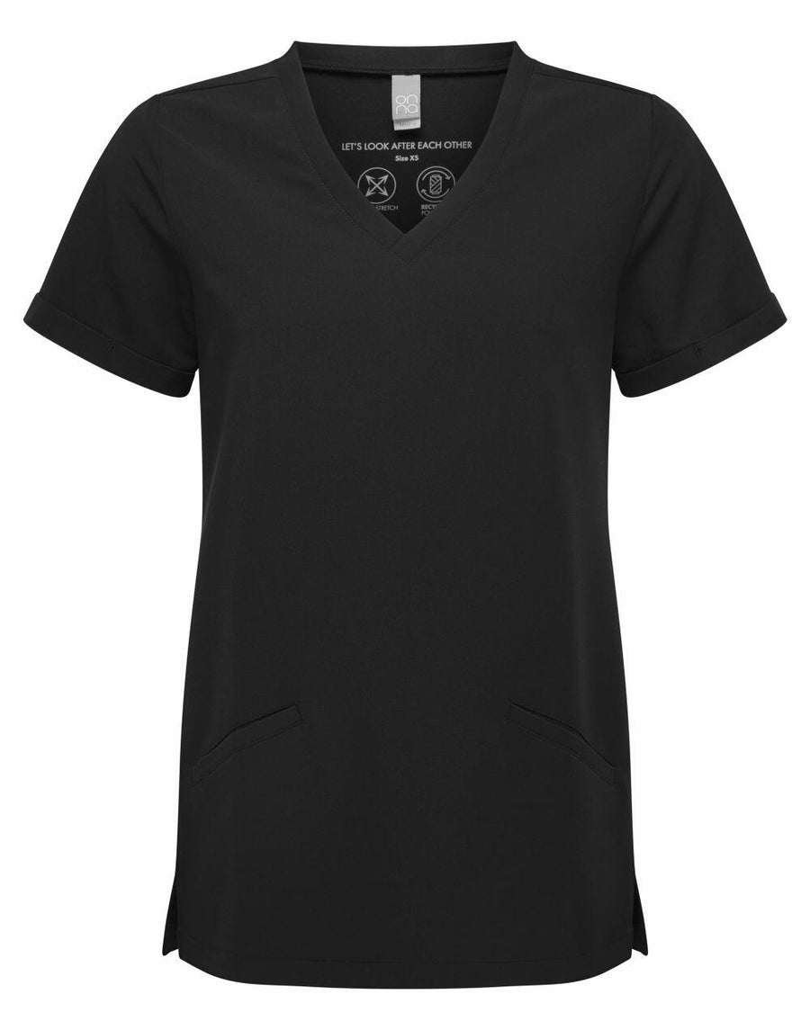 The NN310 scrub top by Onna from Premier is black with a V-neck, short sleeves, and features two front pockets.