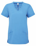 The NN310 by Onna by Premier is a blue V-neck short-sleeve medical scrub top featuring two front pockets, displayed against a white background.