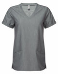 The Onna by Premier NN310 is a gray scrub top featuring a V-neck design, short sleeves, and two front pockets. The fabric has a subtle texture, and printed care instructions can be found on the inner neckline.