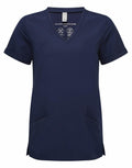 A navy blue V-neck scrub top, model NN310 by Onna by Premier, featuring short sleeves and a simple design with two front pockets and a label inside the collar. The fabric is smooth and slightly stretchy.