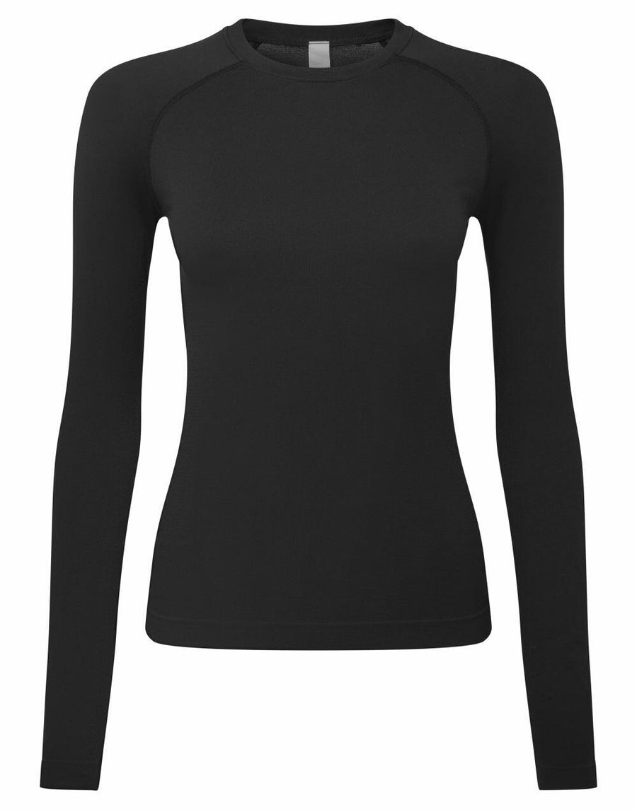 Onna by Premier's NN370 black long-sleeve crew neck shirt showcased on a plain background.