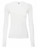 A plain white long-sleeve crew neck shirt, product NN370 by Onna by Premier, is showcased on a white background. The shirt features a fitted style with a smooth texture and no visible patterns or designs.