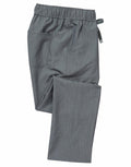A pair of Onna by Premier NN500 scrub pants in a folded gray style, featuring an elastic waistband and a side pocket, along with a drawstring tied on the side.