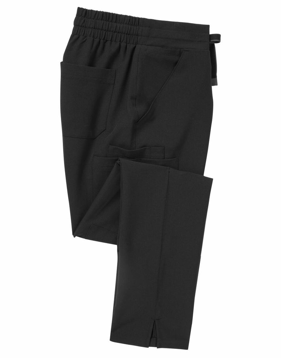 Introducing the NN600, a pair of black cargo pants from Onna by Premier. These pants feature an elastic waistband and multiple pockets, including a convenient side pocket.
