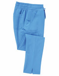 The Onna by Premier NN600 blue medical scrub pants, featuring an elastic waistband and multiple pockets, are displayed folded against a white background.