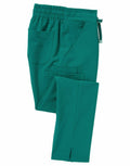 The NN600 teal medical scrub pants by Onna by Premier are neatly folded and feature multiple pockets, an elastic waistband, a drawstring closure, and a slit at the bottom hem.