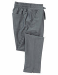 The NN600 from Onna by Premier is a pair of gray scrub pants featuring an elastic waistband and adjustable drawstring. They come with multiple pockets, have a straight leg design, and include small slits at the hems.