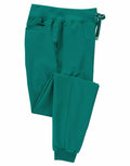 The NN610 jogger-style scrub pants by Onna from Premier feature a sleek folded design in teal, complete with an elastic waistband, a small pocket, and ribbed cuffs. Crafted from lightweight and smooth material, they also include a visible tied drawstring on the side.