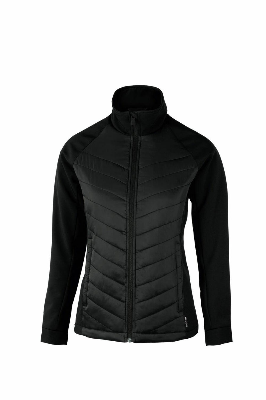 The Nimbus Play NP09F is a black zip-up jacket featuring a high collar and quilted front design.