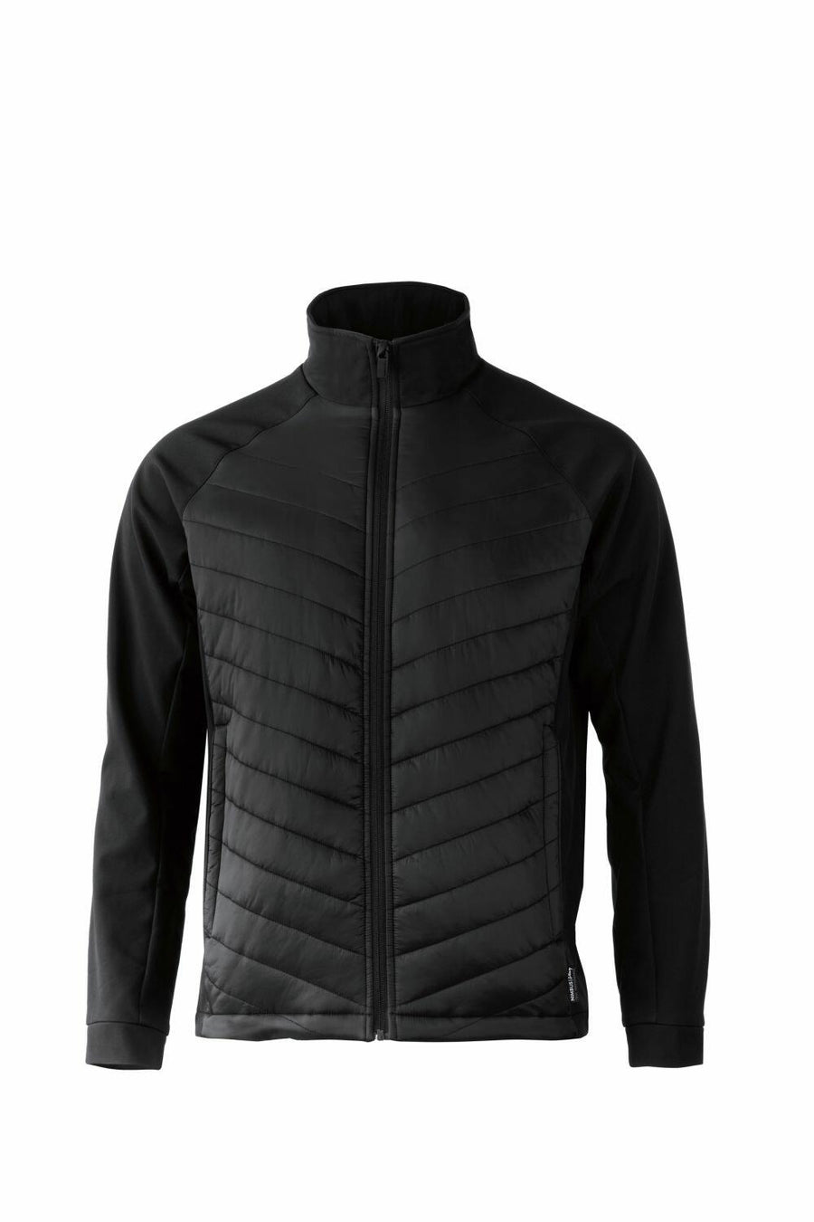 The NP09M by Nimbus Play is a black zip-up jacket featuring a quilted front panel, long sleeves, and a stand-up collar.