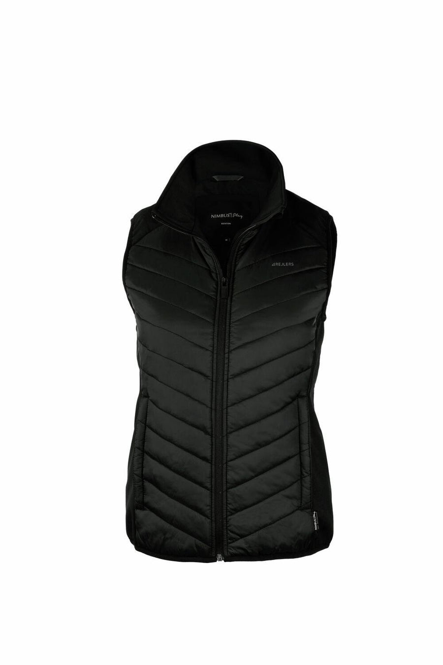 Introducing the Nimbus Play NP10F: a sleek black sleeveless quilted vest featuring a high collar and front zipper, presented against a plain white background.