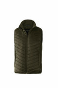 A sleeveless quilted vest in dark green, featuring a front zipper and high collar from Nimbus Play's NP10M line.