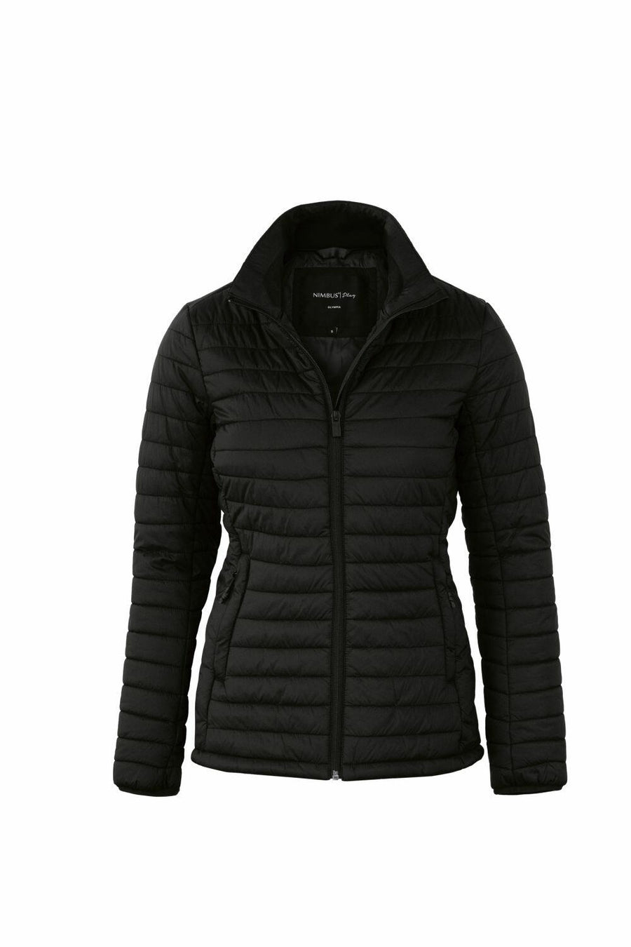 Nimbus Play's NP11F is a black quilted women's jacket featuring a front zipper and high collar.