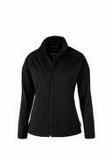 Nimbus Play's NP12F jacket for women features a black softshell design, complete with a high collar and full front zipper, showcased against a white background.