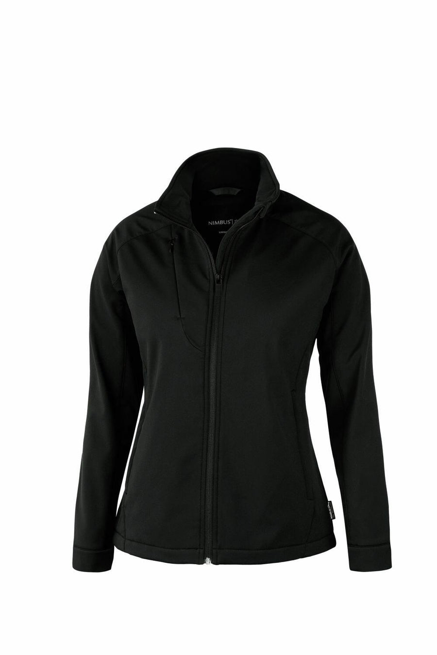 Nimbus Play's NP12F jacket for women features a black softshell design, complete with a high collar and full front zipper, showcased against a white background.