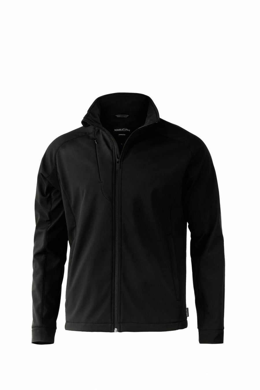 The Nimbus Play NP12M is a black softshell jacket featuring a high collar and a front zipper, showcased against a plain white background.