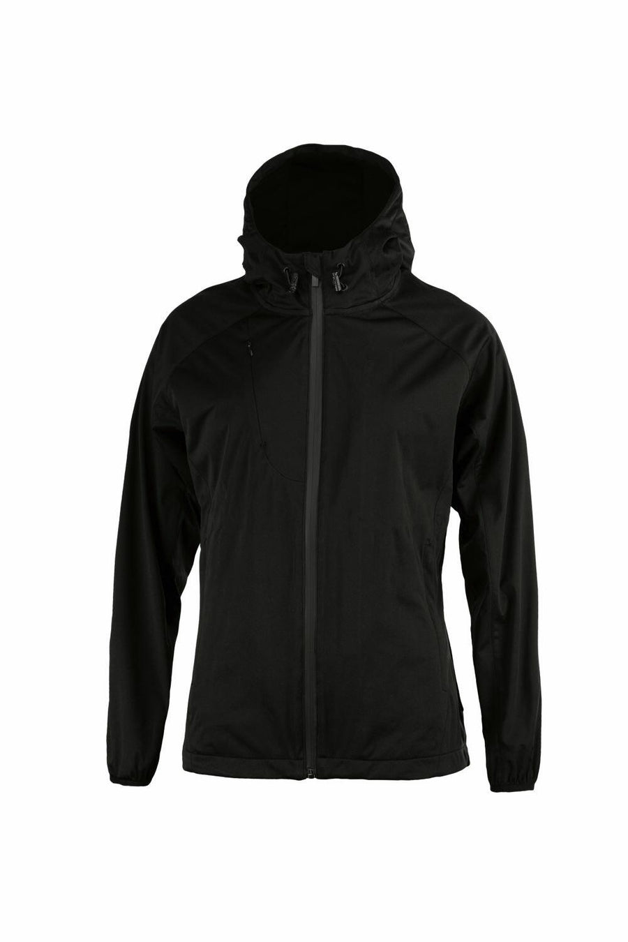 The NP14F by Nimbus Play is a sleek black jacket featuring a hood, zip-up design, and long sleeves, showcased on a simple white background.