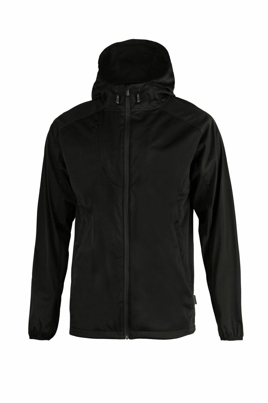 The Nimbus Play NP14M is a black jacket featuring a hood, a full zipper front, and long sleeves.