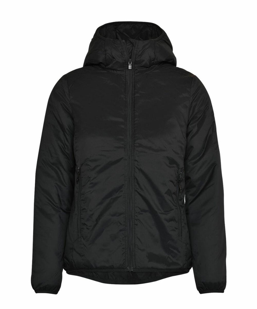 The Nimbus Play NP16F is a black hooded puffer jacket featuring a front zipper and two side pockets.