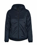 Nimbus Play's NP16F is a black puffer jacket featuring a hood, front zipper, and side pockets.