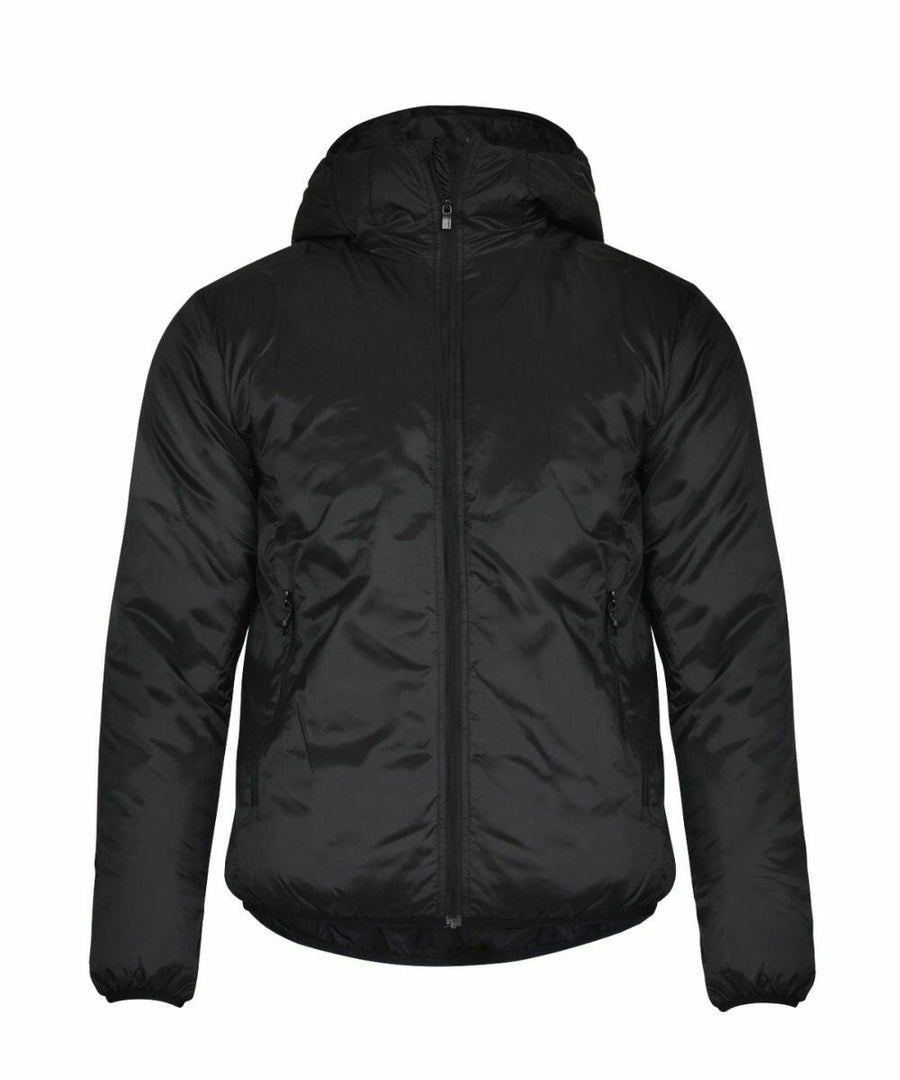 Nimbus Play NP16M hooded puffer jacket featuring a front zipper and side pockets in black.