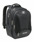 An OG001 backpack by Ogio featuring a black color, multiple zippered compartments, and a top handle.