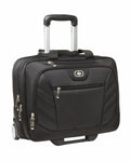 Ogio OG006 black rolling laptop bag featuring multiple zippered compartments and a telescopic handle.
