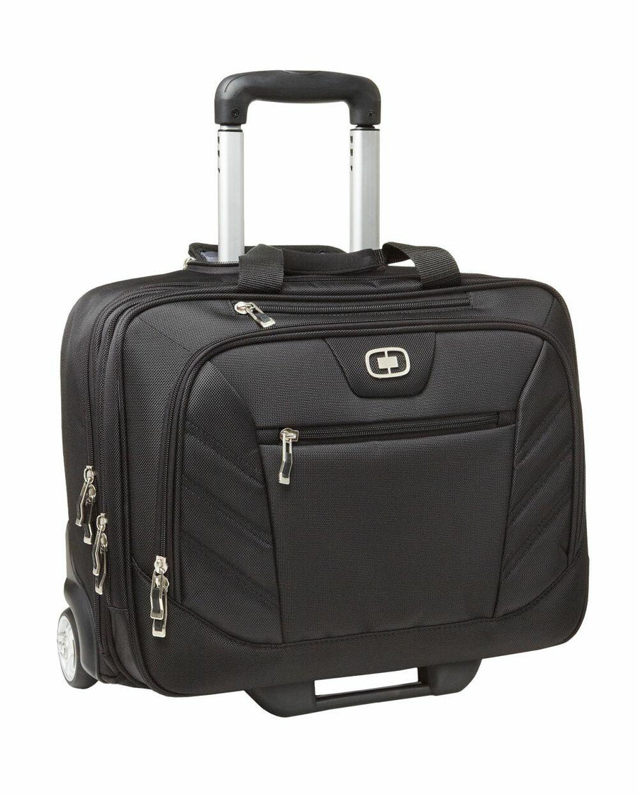 Ogio OG006 black rolling laptop bag featuring multiple zippered compartments and a telescopic handle.