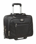 An Ogio black wheeled laptop briefcase OG006 with a telescopic handle, front and side pockets, and dual zippers, designed for business travel.