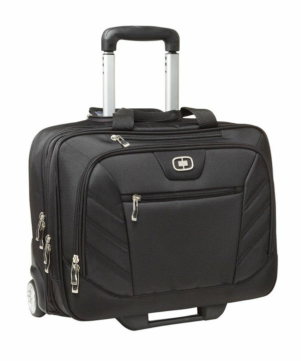 An Ogio black wheeled laptop briefcase OG006 with a telescopic handle, front and side pockets, and dual zippers, designed for business travel.