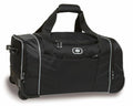 The Ogio OG014 is a black rolling duffel bag with gray accents, complete with a front zip pocket, two top handles, and wheels for easy transport.
