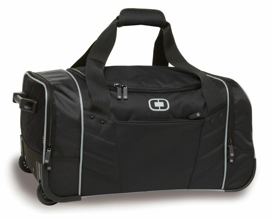 The Ogio OG014 is a black rolling duffel bag with gray accents, complete with a front zip pocket, two top handles, and wheels for easy transport.
