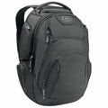 An Ogio backpack, model OG018, is shown in black with multiple zippered compartments and a top handle.