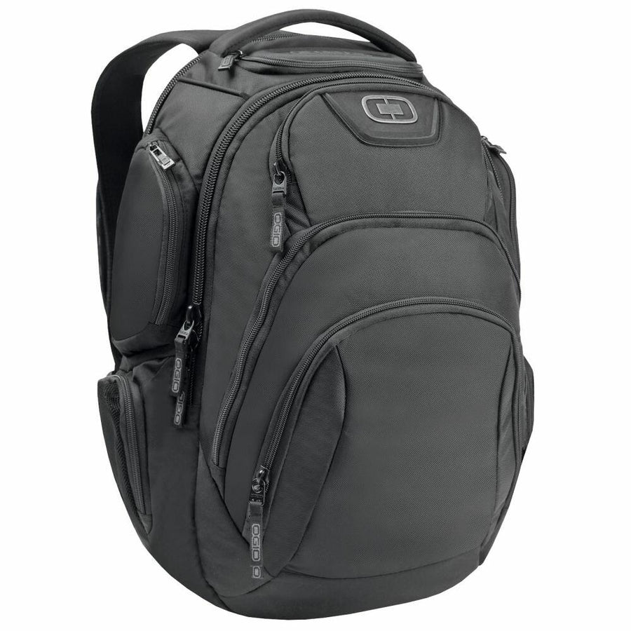 An Ogio backpack, model OG018, is shown in black with multiple zippered compartments and a top handle.