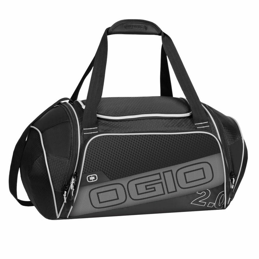 The OGIO 2.0 duffel bag, model OG022 by Ogio, comes in black and gray with a large zippered main compartment and two side pockets.
