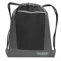 A drawstring backpack in black and gray, featuring a front zippered pocket and the Ogio logo at the bottom, product name OG025.