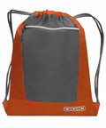An orange and gray drawstring backpack with a front zippered pocket and the Ogio logo at the bottom right corner, the OG025.
