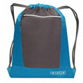 An OGIO OG025 drawstring backpack in blue and gray featuring a front zippered pocket and Ogio branding on the bottom right corner, complete with black drawstrings.