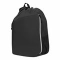 The OG026 by Ogio is a black drawstring backpack featuring a front zipper pocket and a side mesh pocket.