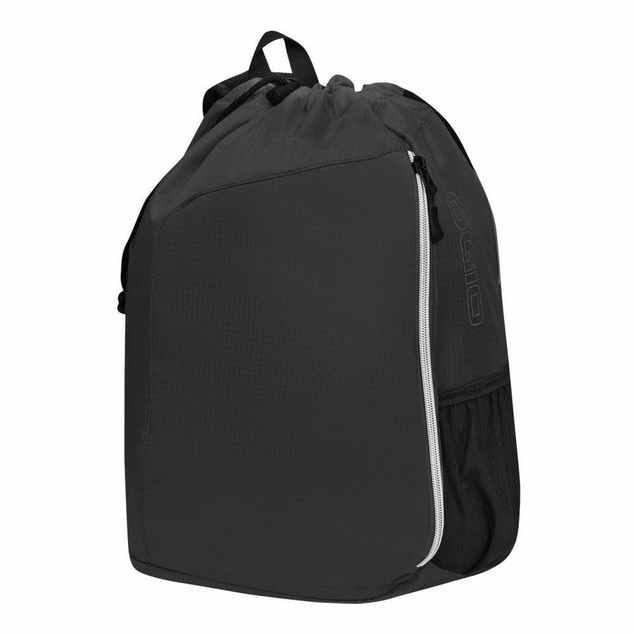 The OG026 by Ogio is a black drawstring backpack featuring a front zipper pocket and a side mesh pocket.