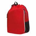 The OG026 by Ogio is a vibrant red backpack with a drawstring closure and a side zipper pocket. It features a black handle and includes a small mesh pocket on the side. The material seems durable and lightweight.
