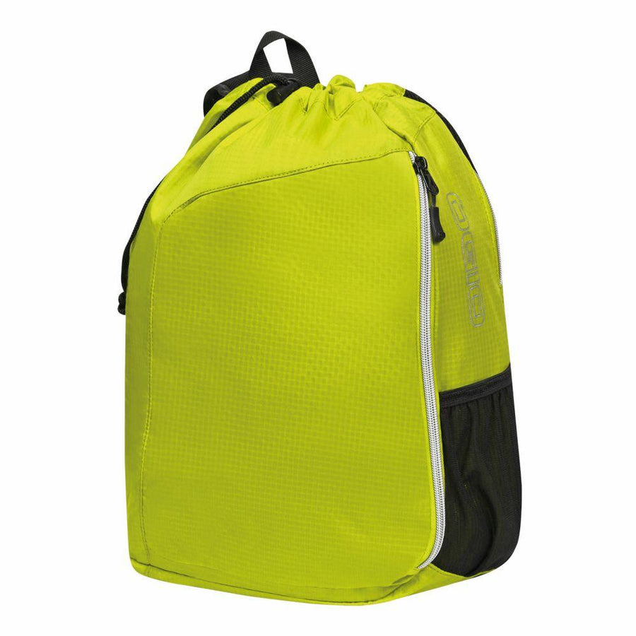 Introducing the Ogio OG026: a vibrant yellow drawstring backpack featuring a stylish grid pattern. It includes a convenient front zipper pocket in white and a practical black mesh side pocket, complete with a black strap for easy carrying.