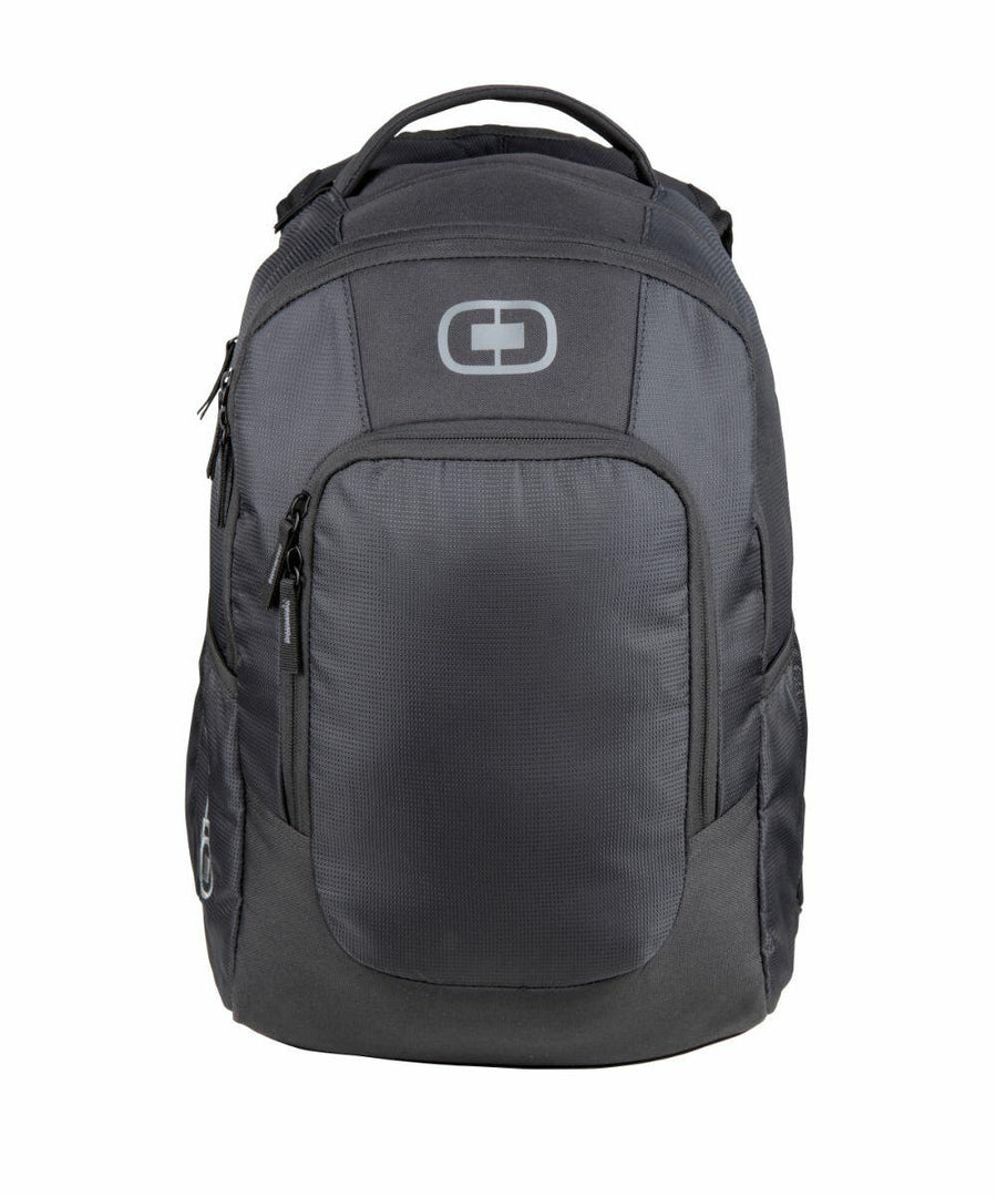 The OG036 from Ogio is a gray and black backpack featuring a top handle, zipper compartments, and a logo on the front.