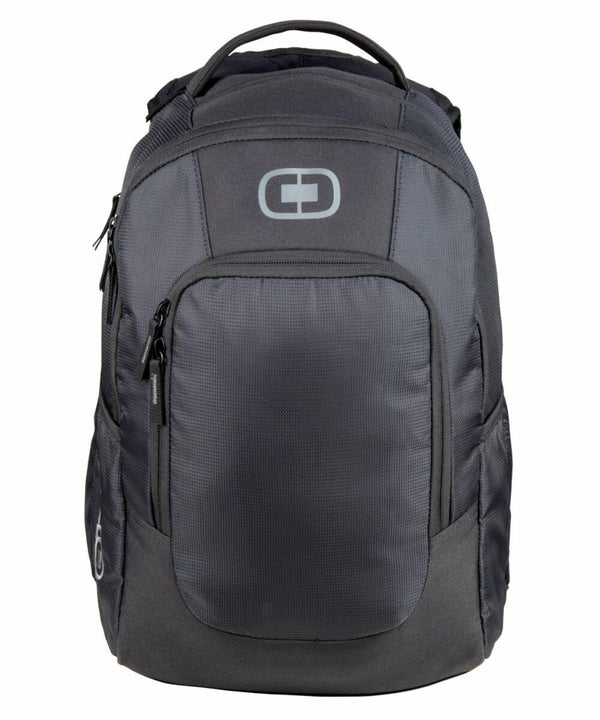 A black and grey OG036 backpack from Ogio with multiple zipped compartments and a carrying handle at the top. The backpack has a logo with an interlocking "O" design on the front.