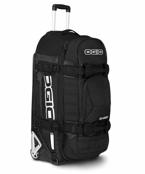 A black Ogio OG037 wheeled travel bag with a retractable handle, multiple compartments, and reinforced side straps.