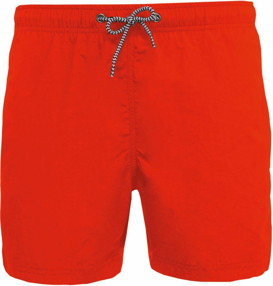 Kariban Proact PA168 swim shorts in a vibrant red color featuring a black-and-white drawstring.