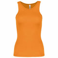 A sleeveless, fitted tank top from Kariban Proact's PA442 line in orange, featuring a round neckline and displayed on a plain white background.