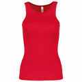 A vibrant red PA442 sleeveless tank top from Kariban Proact is showcased against a white background. The fabric looks smooth and form-fitting, featuring a scoop neckline with a simple, classic design.